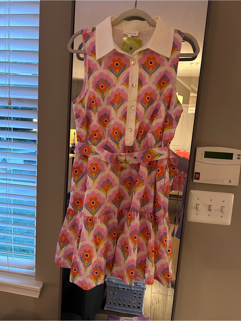 entro Sleeveless Floral Shirt Dress in Pink and Orange with White Collar - Picture 2 of 8